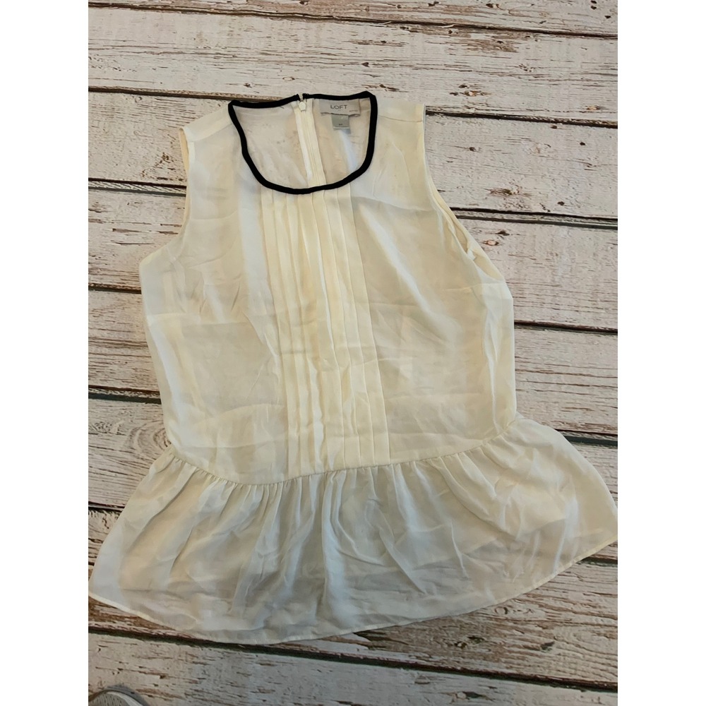 Ann Taylor Loft Petites White Sleeveless Peplum Blouse Black Trim Pintuck SP